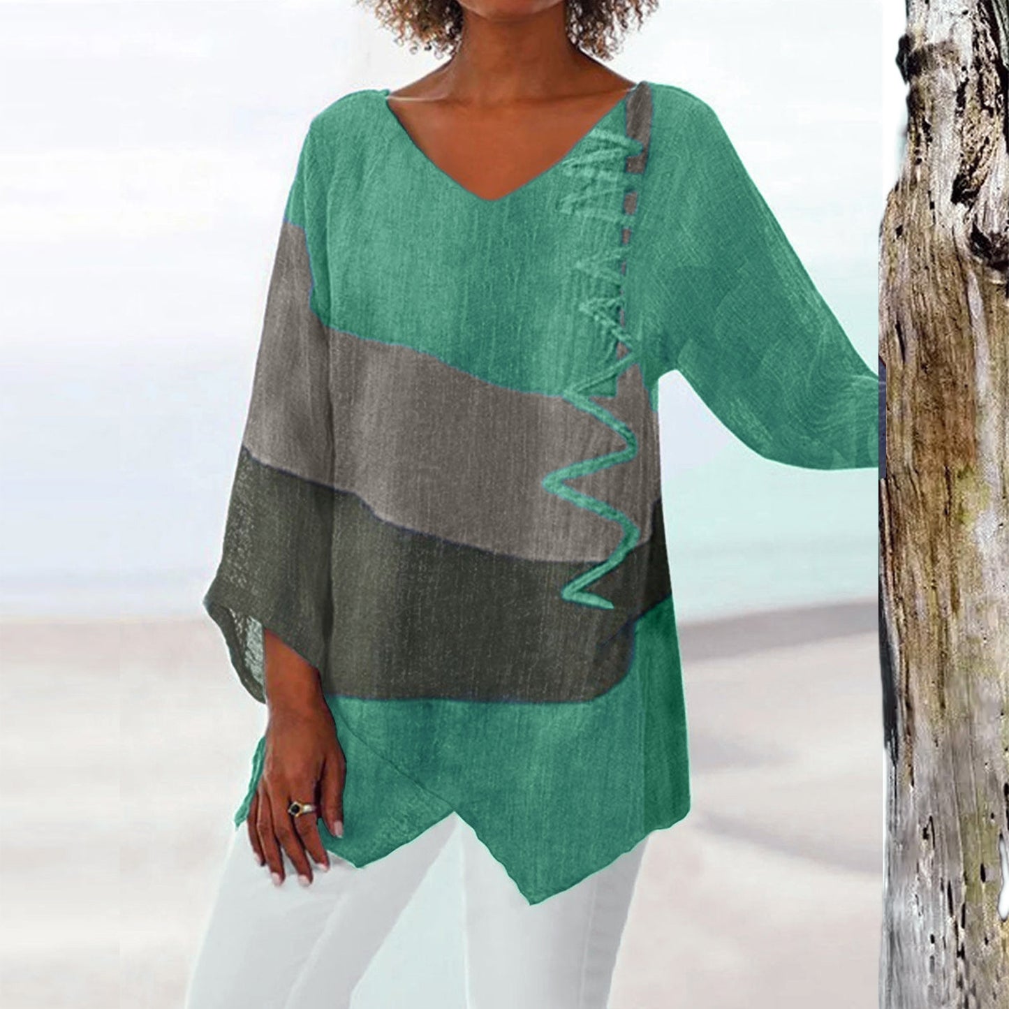 Women's Autumn Casual Loose Irregular Hem Art Print Long Blouses