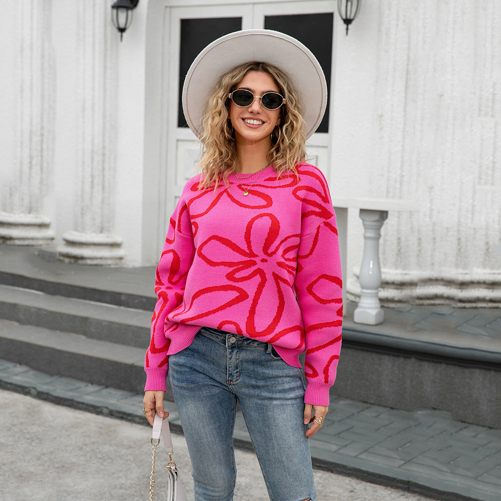 Women's Round Neck Flower Contrast Color Loose Pullover Sweaters