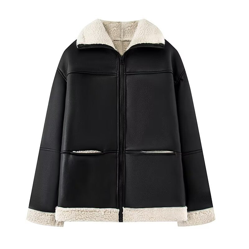Women's Fashion Cashmere Leather Fur Collar Composite Coats