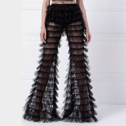Fashion Layered Mesh Bell-bottoms Sexy Trousers Pants