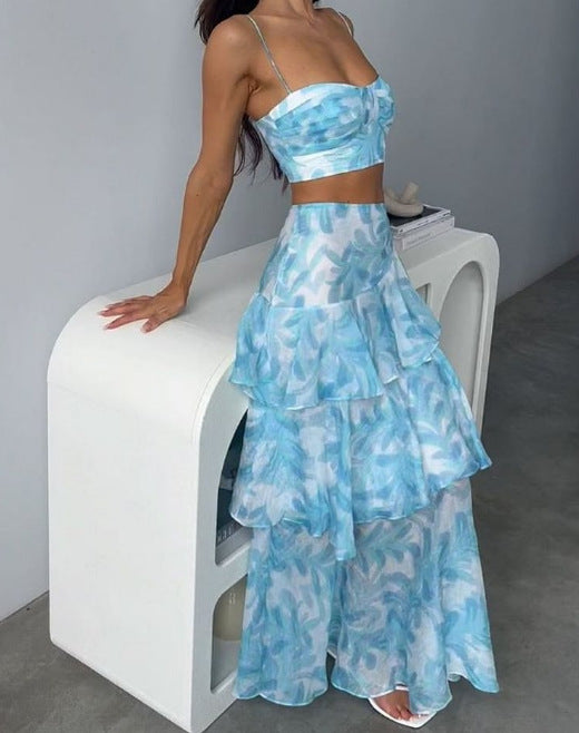 Women's Fashion Wrapped Chest Printed Backless Split Dresses