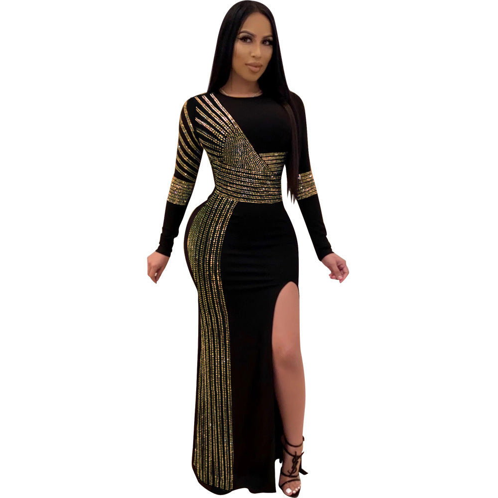 Sexy Rhinestone Crew Neck Split Long Uniform
