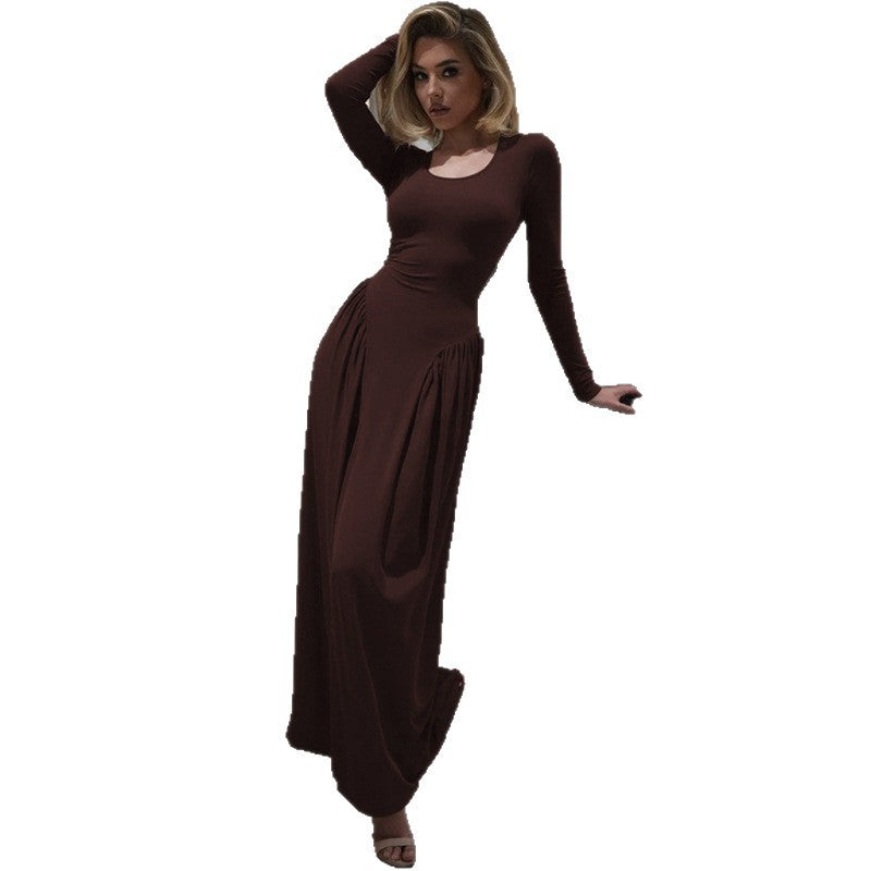 Women's French Elegant Temperament Pure Color Waist Trimming Lace Up Dress
