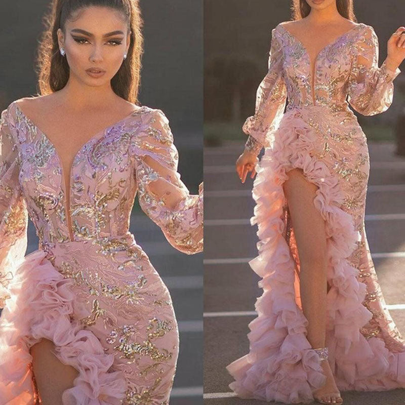 Women's Autumn Sexy Mesh Trailing Sequined Slit Wedding Dresses