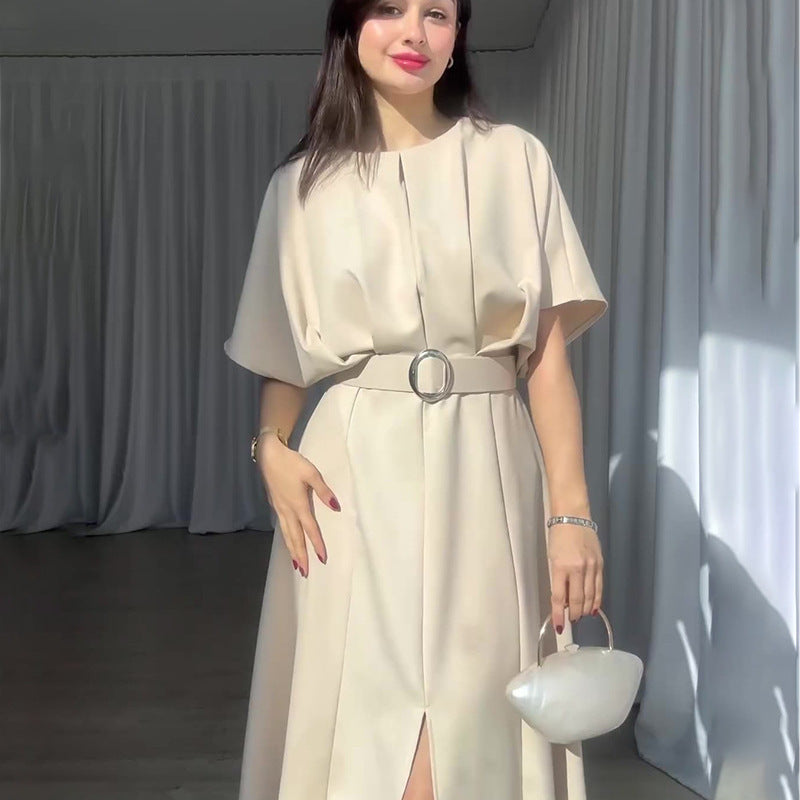 Color Fashion Round Neck Sleeves Dress Belt Shorts