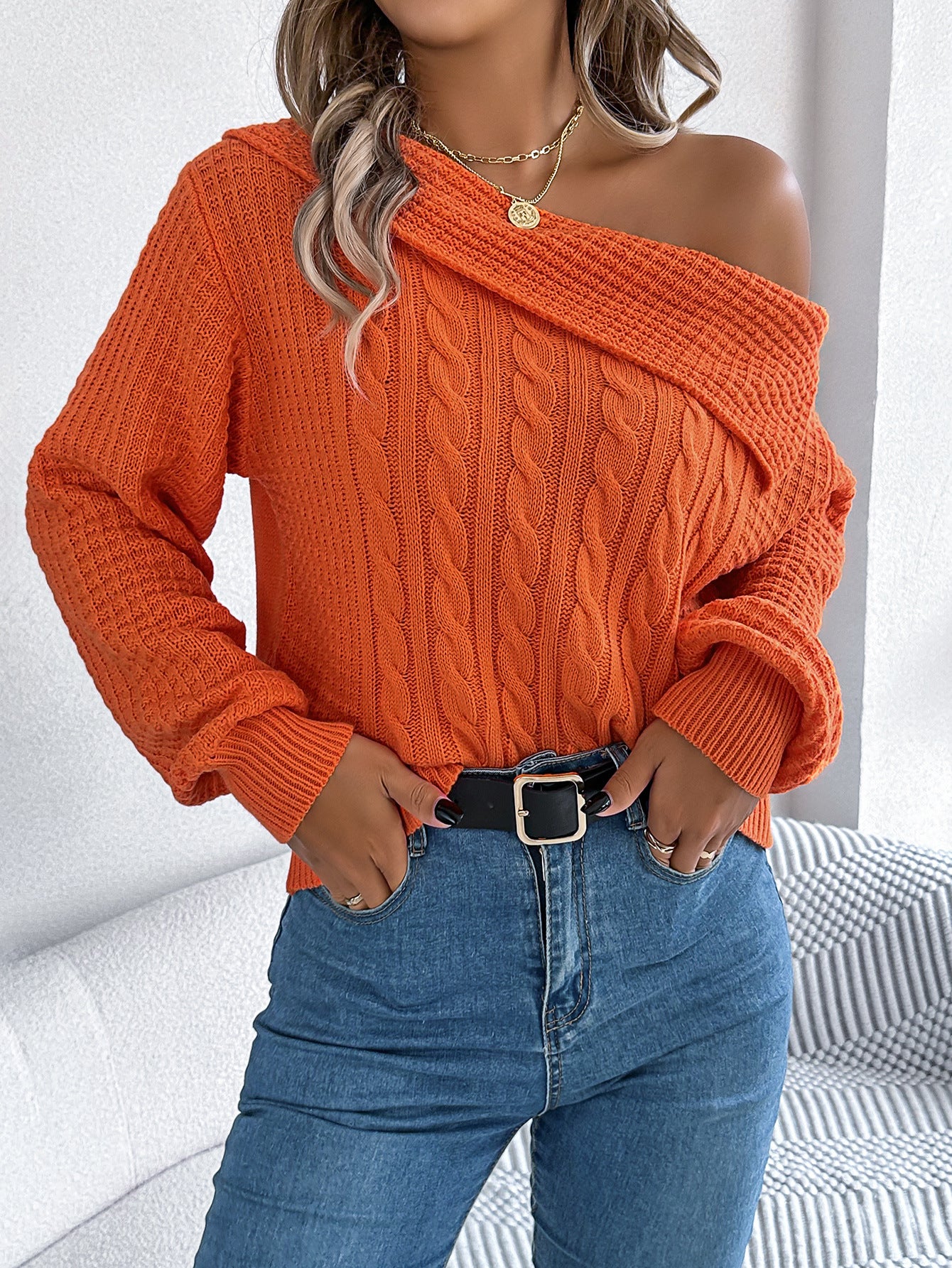 Women's Casual Sexy Lapel Twist Long Sleeve Sweater