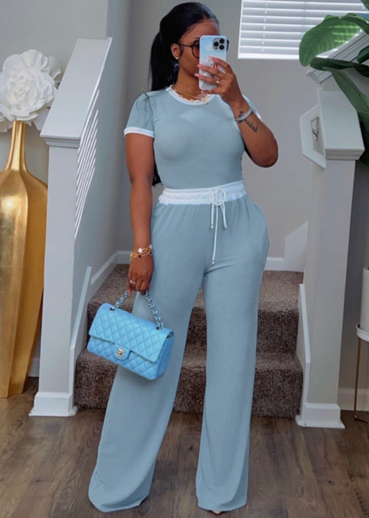 Women's Casual Daily Rib Contrast Color Round Neck Suits