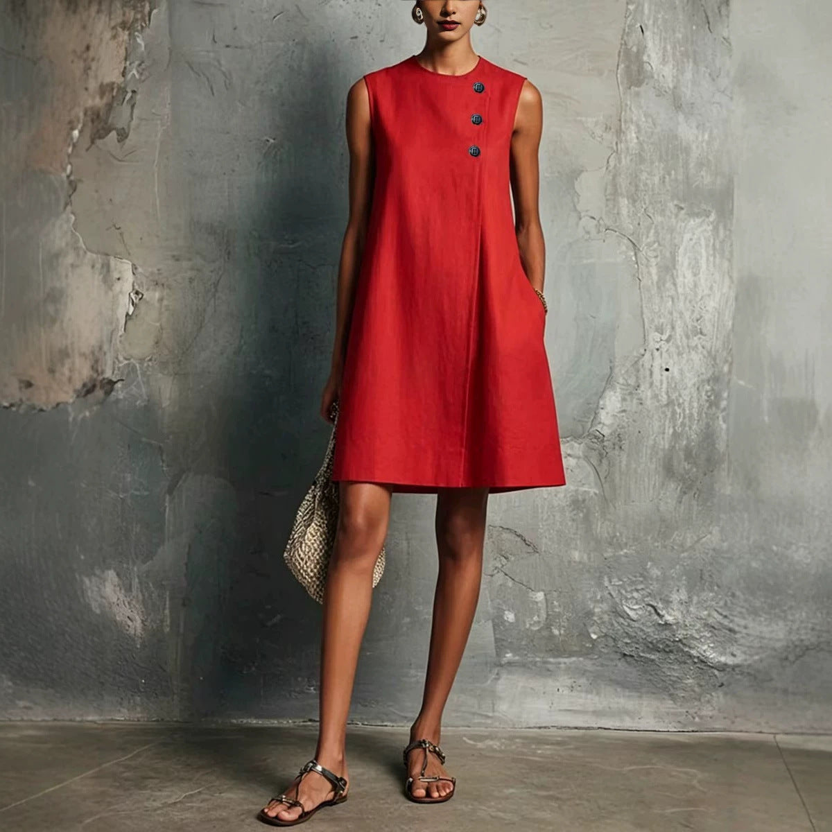 Women's Blended Round Neck Asymmetric Button Side Dress