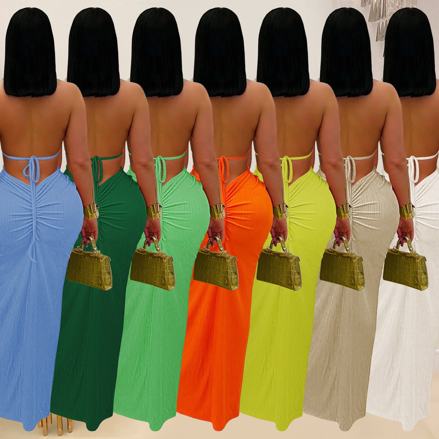 Women's Wear Sexy Knitted Halter Backless Solid Dresses