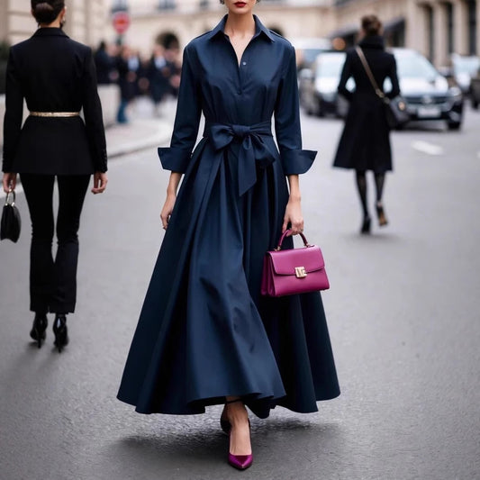 Women's Long Sleeve Pure Color Tied Lapel Dresses