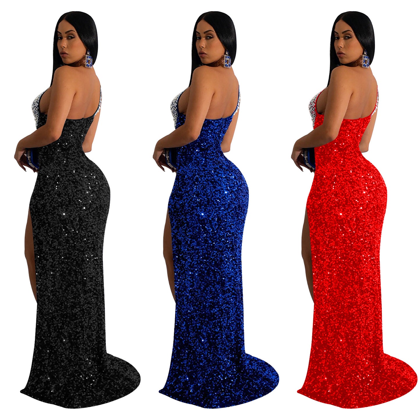 Women's Wear Solid Color Rhinestone Sequined Sleeveless Dresses