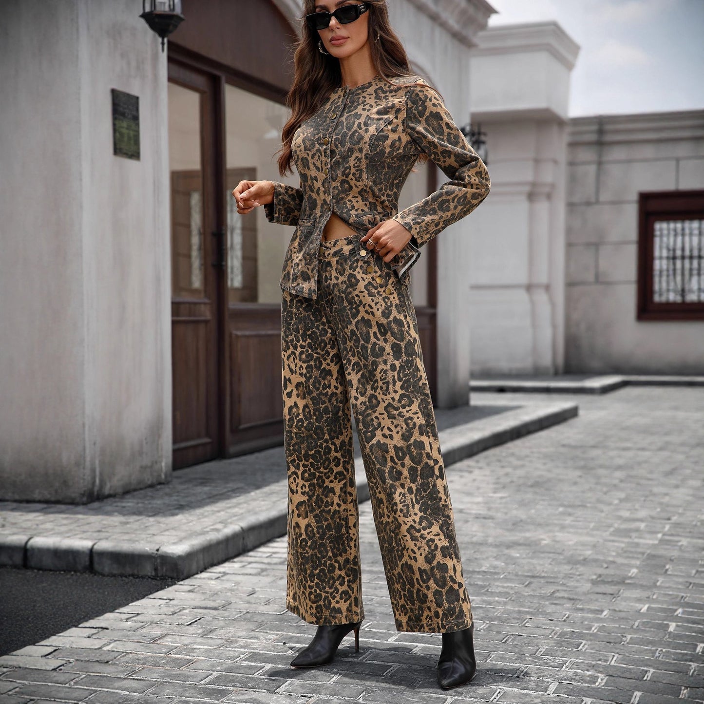 Classic Wash Long Sleeve Denim Trousers Fashion Casual Suit