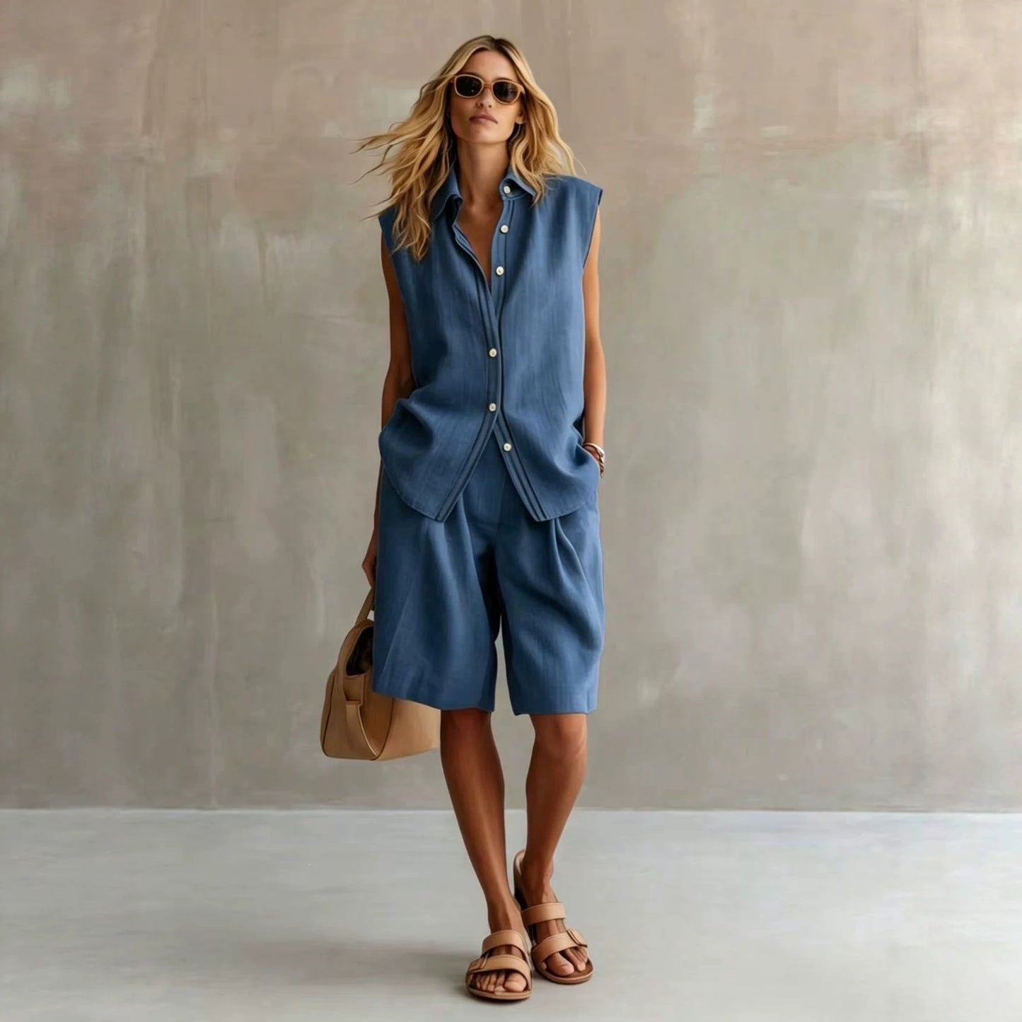 Women's Summer Wear Single-breasted Sleeveless Linen Bushing Fashion Casual Suit