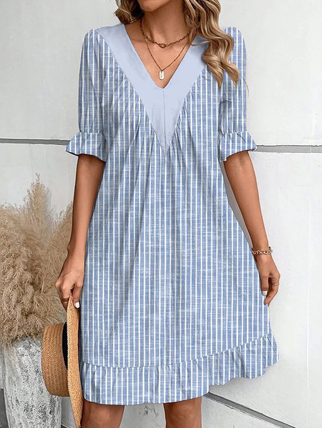 Women's Stitching Printed Ruffle Sleeve Fashionable Elegant Dress