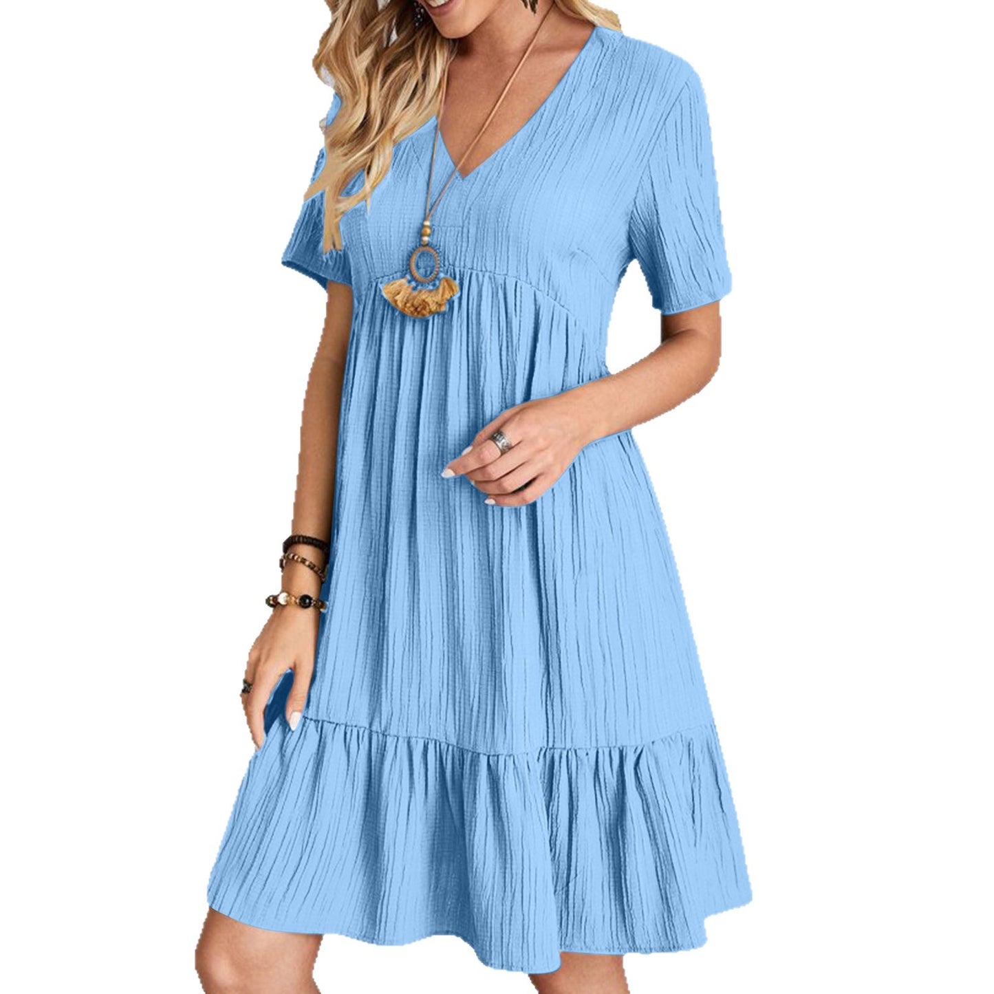 Women's Loose Solid Color Pleated Casual Lace Dress