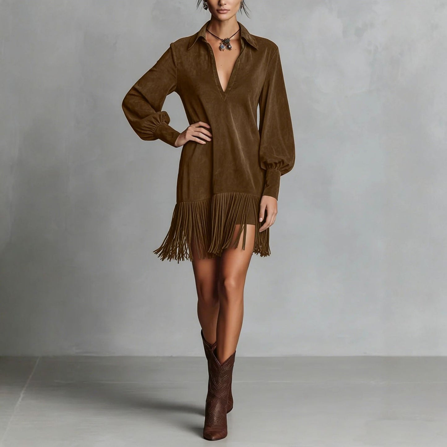 Women's Faux Suede Lapel Zipper Fashion Fringed Dress