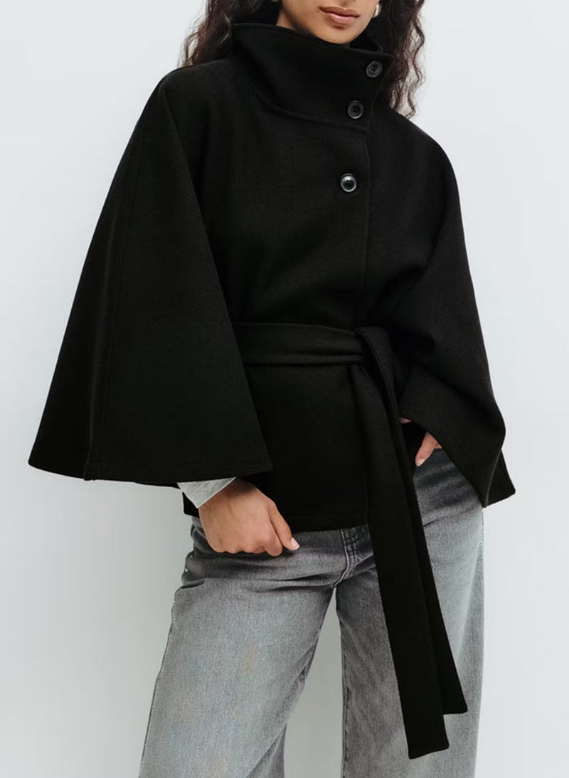 Women's Color Cloak Stand Collar Button Belt Coats