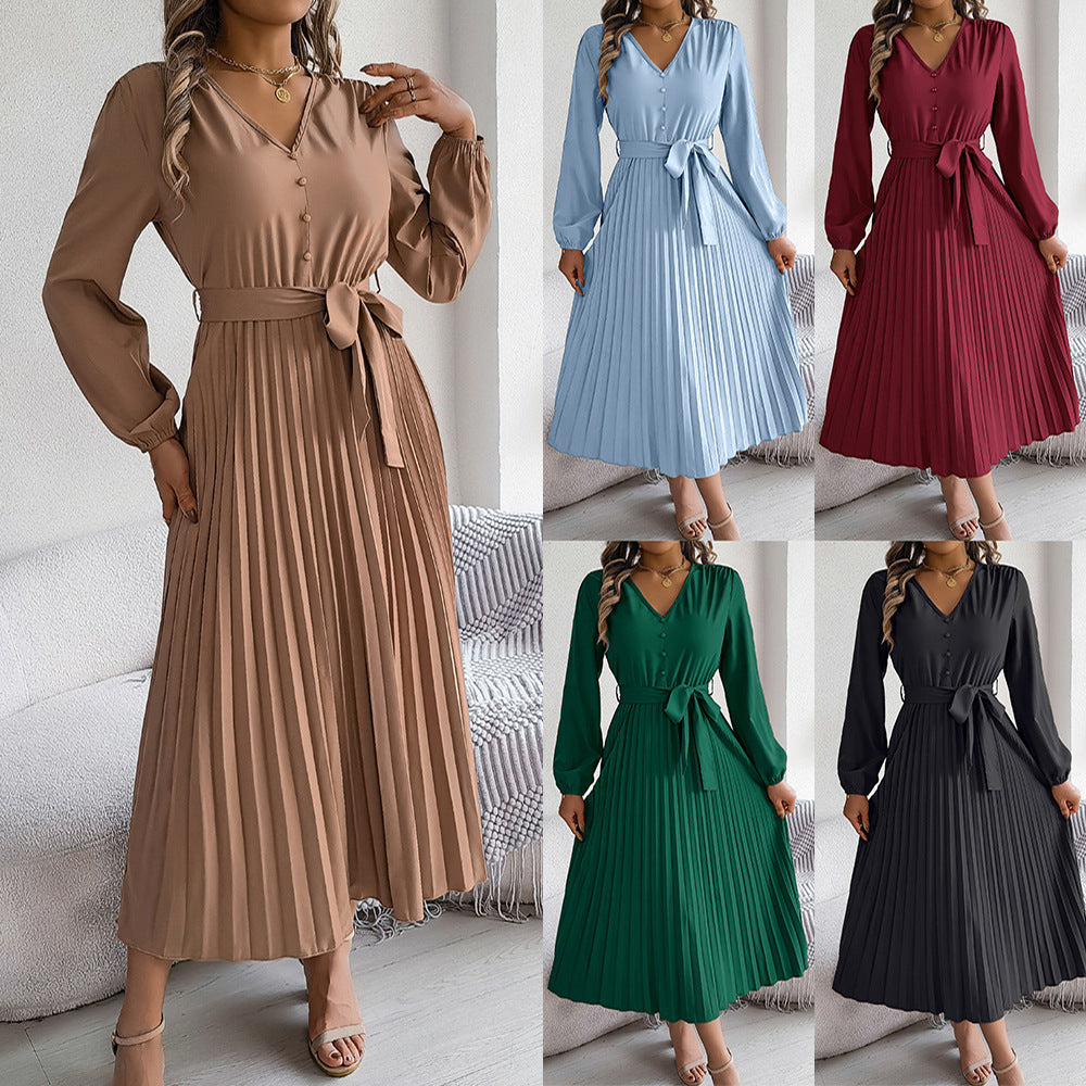 Women's Elegant Button Large Hem Pleated Maxi Clothing