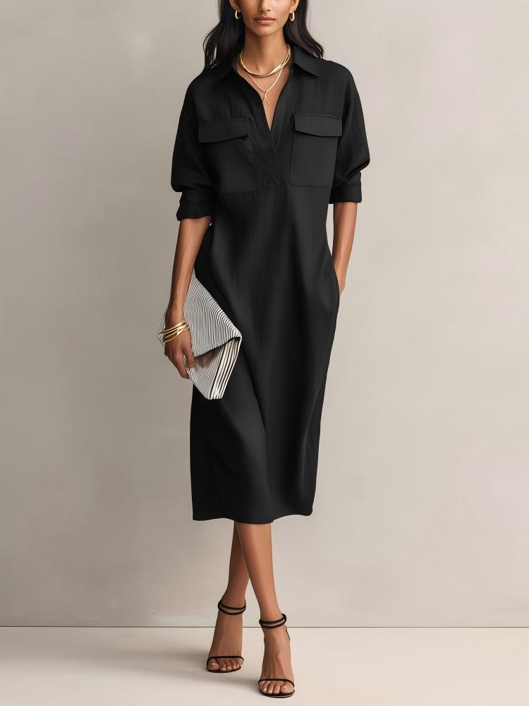 Lapel Long Sleeve Commuter Black Casual Dress