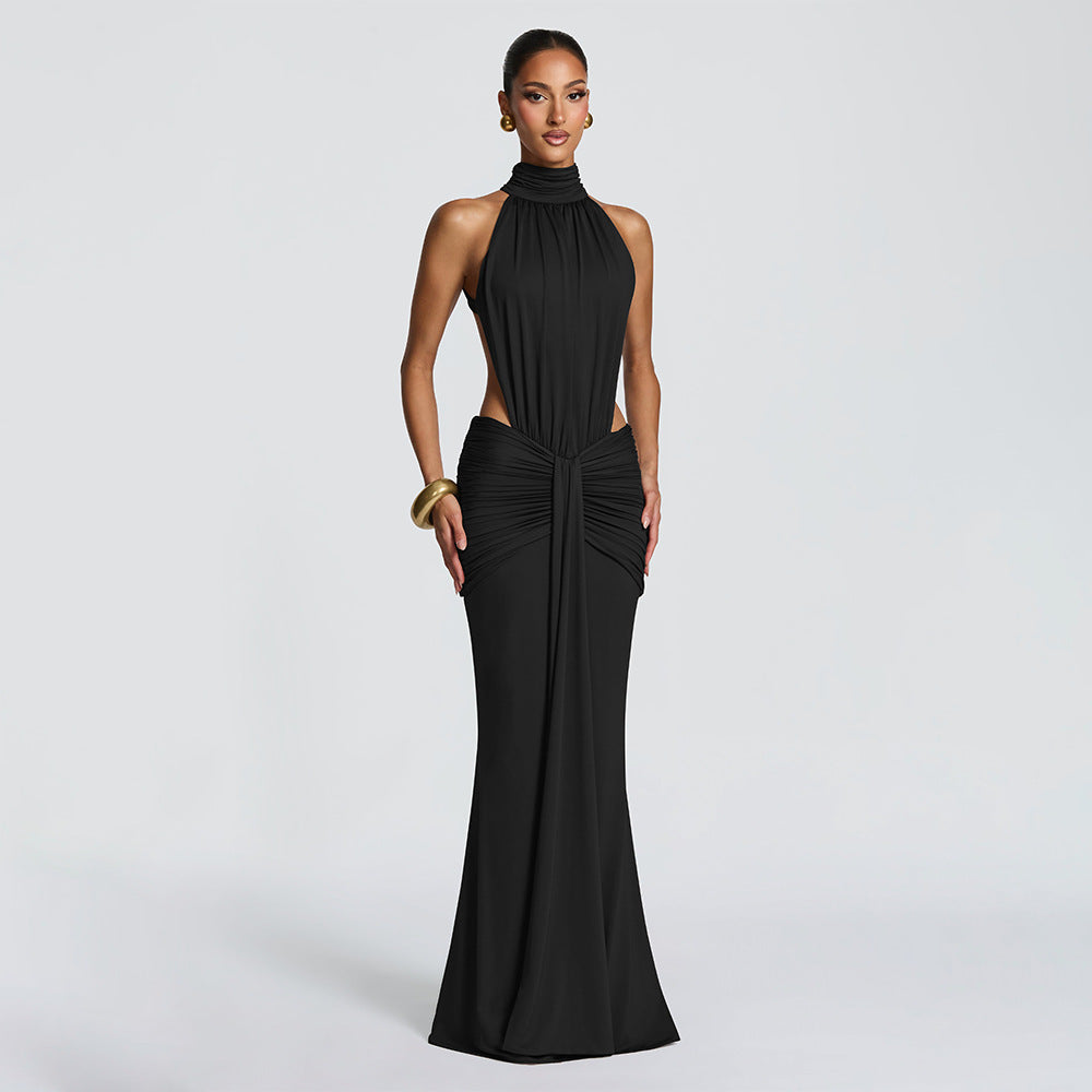 Women's Temperament Pure Color Banquet Long Sexy Backless Slim Fit Dress