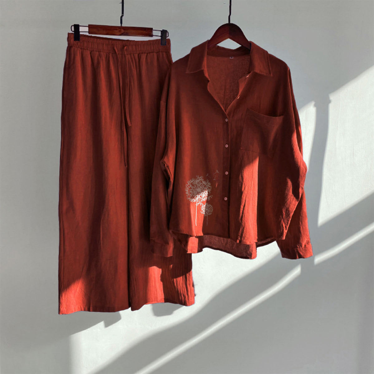 Women's Cotton Linen Shirt Wide Leg Printed Fashion Casual Suit