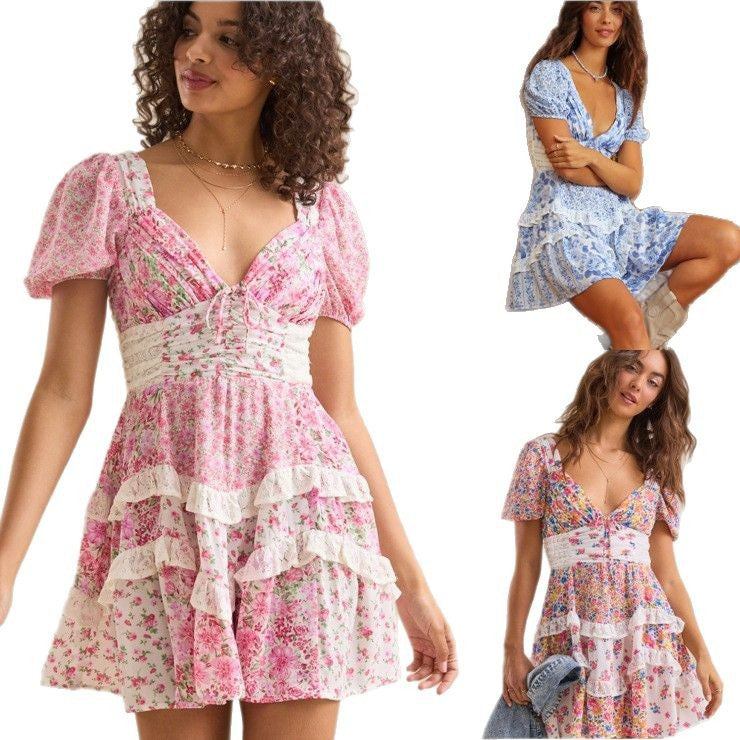 French Retro Blue White Porcelain Floral Dresses