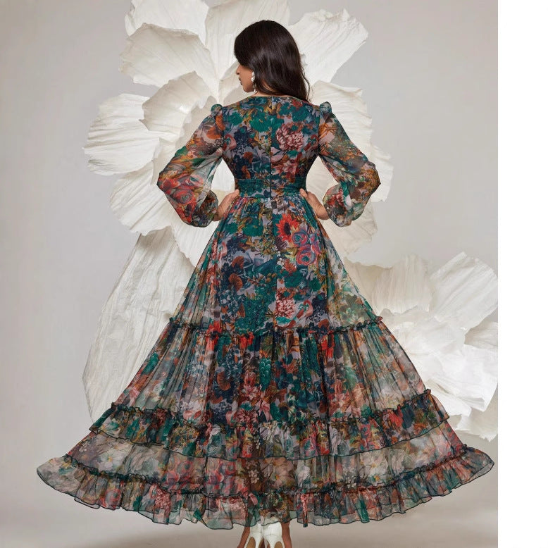 Style Retro Stand Collar Single-breasted Printed Wide Swing Dress
