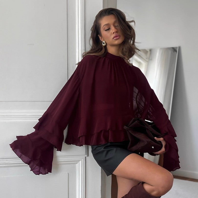 Women's Style Brown Ruffled Chiffon For Autumn Blouses