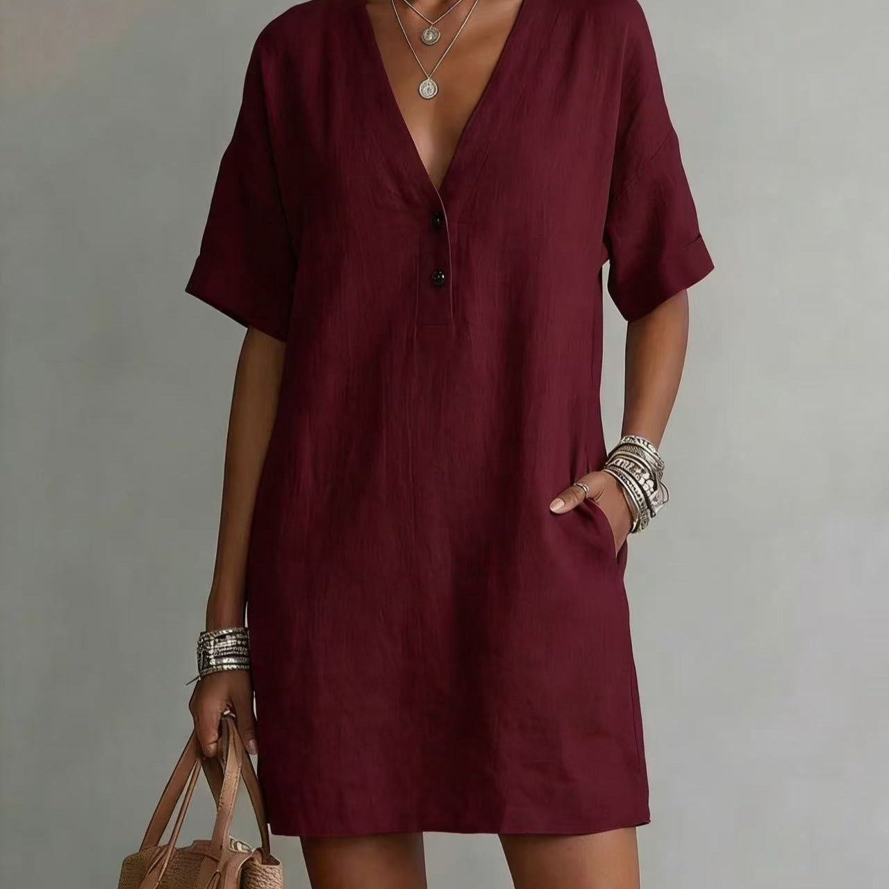 Summer Casual Comfortable Button Cotton Linen Dress
