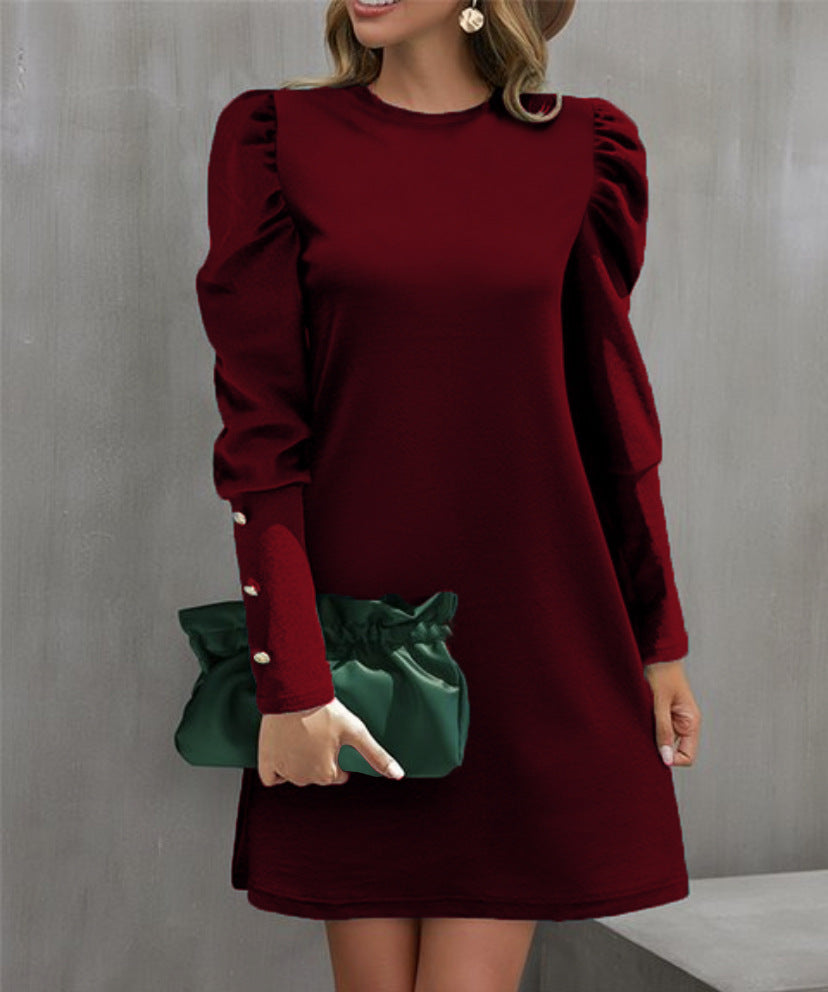 Women's Solid Color Round Neck Bubble Long Dress
