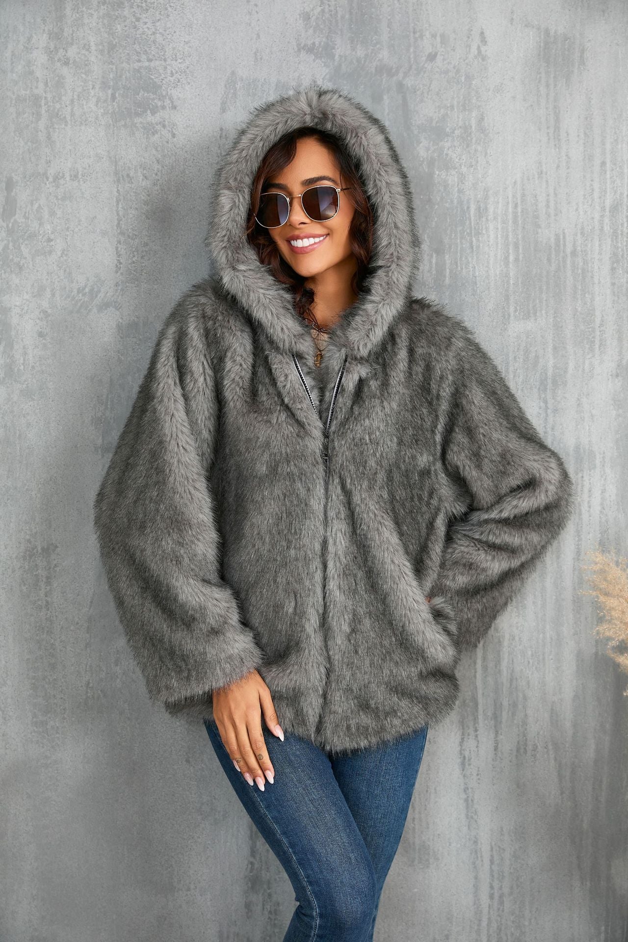 Fur Solid Color Loose Hooded Collar Coats