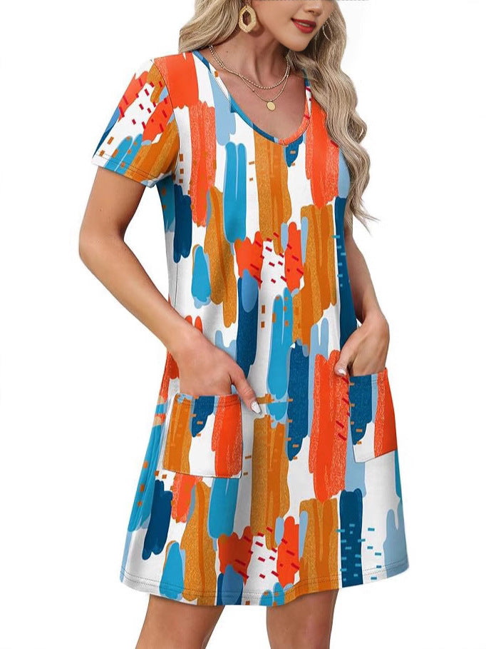 Women's Summer Sleeve Printed Pocket Loose Casual Dress