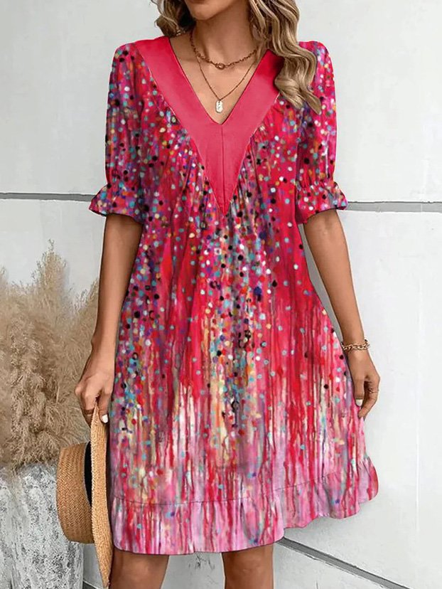 Women's Stitching Printed Ruffle Sleeve Fashionable Elegant Dress