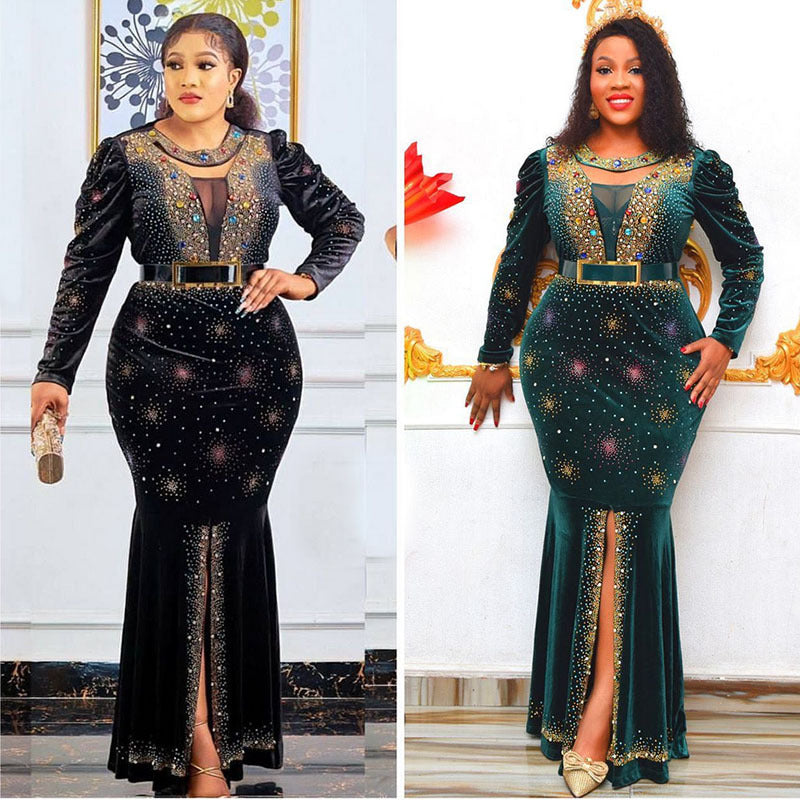 Women's Gold Veet Rhinestone Luxury Fishtail Long-sleeved Dress Long Dresses