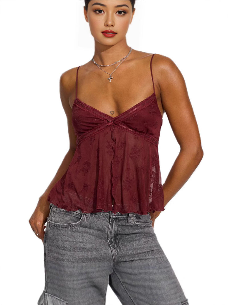 Women's Sexy Mesh Hollow Split Sling Shirt Blouses