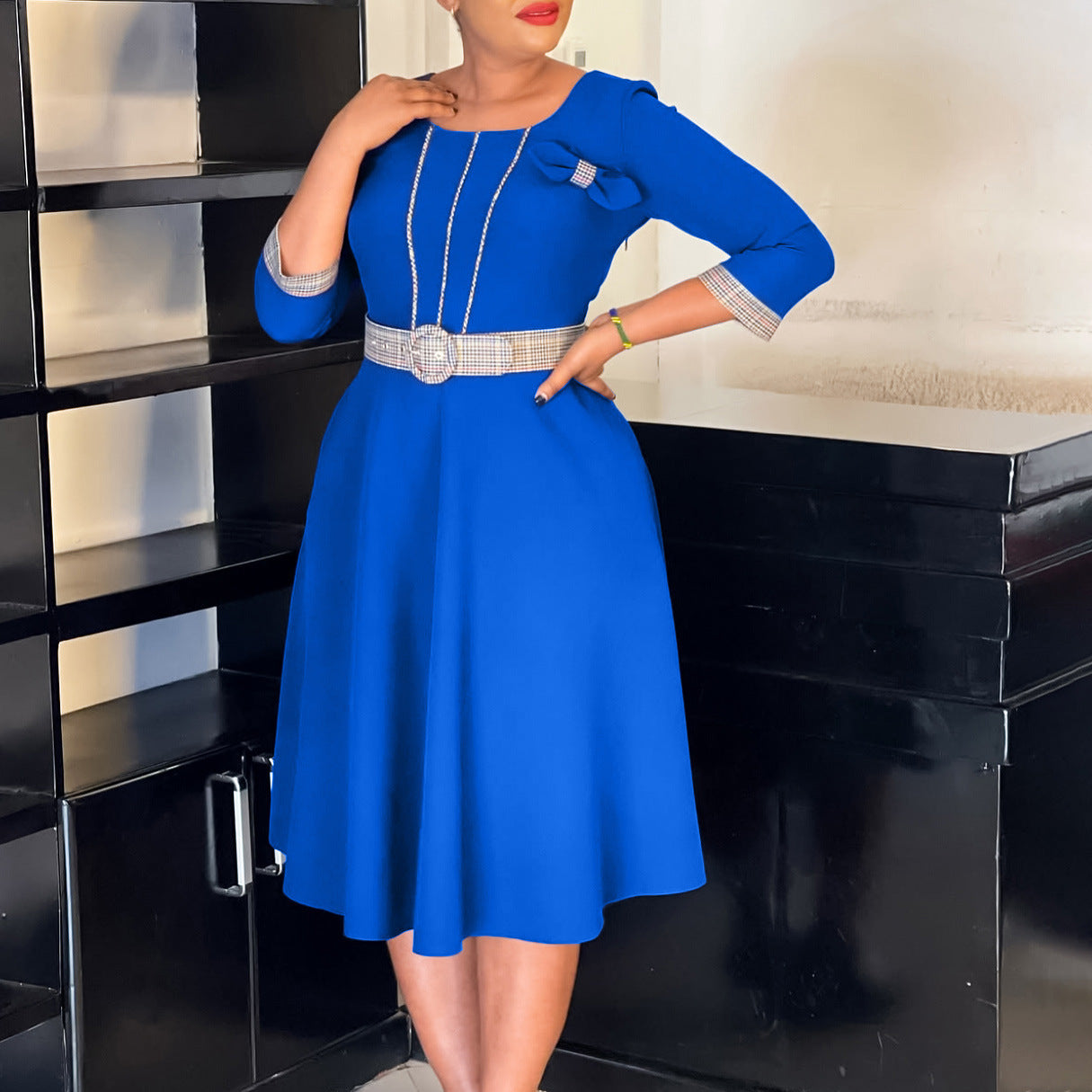 Women's Fashion Elegant Round Neck Stitching African Dress