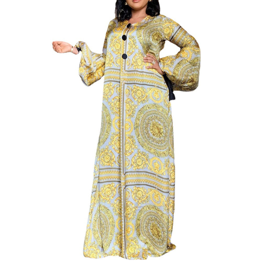 Women's Digital Soft Round Neck Single-breasted Lantern Sleeve Dress