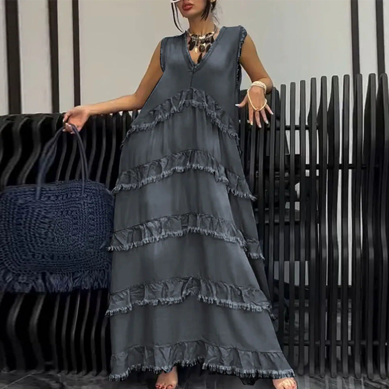 Women's Summer Solid Color Fashion Edging Stitching Dresses