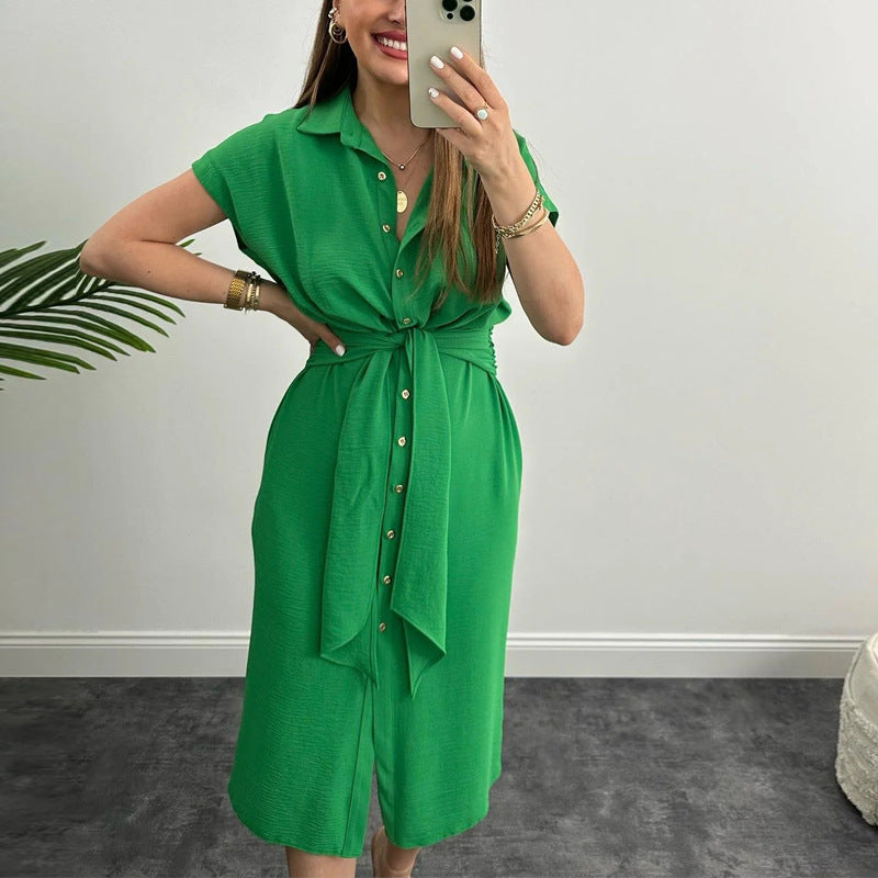 Women's Solid Color Polo Collar Single-breasted Sleeve Shorts