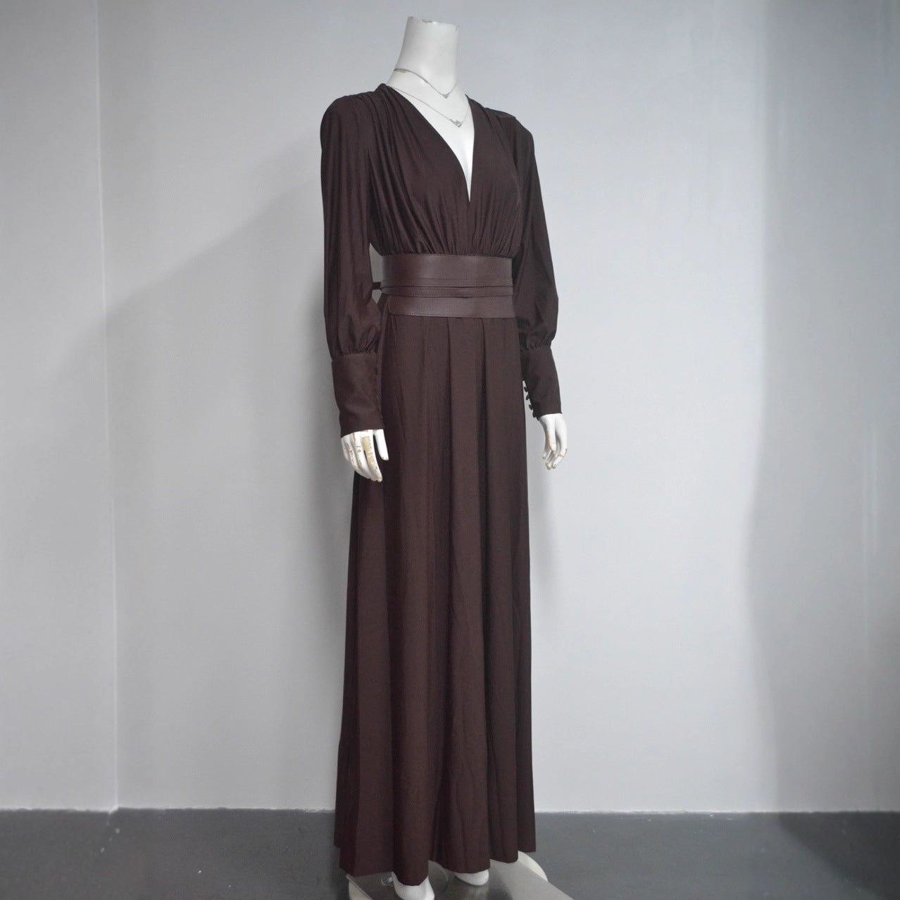 Women's Design Sense Waist Seal Pleated French Coffee Color Long Clothing