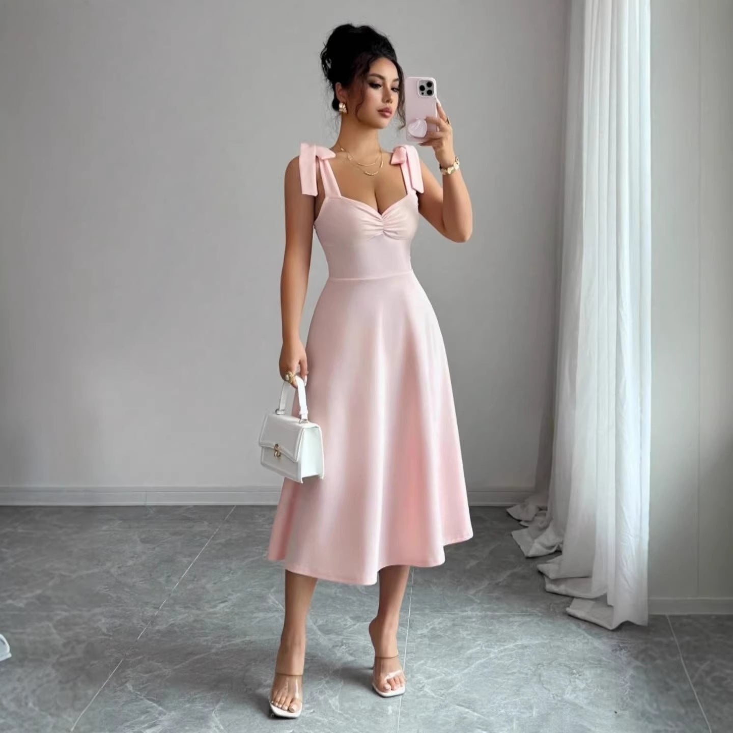 Summer Solid Color Suspender Waist Slimming Elegant Dress