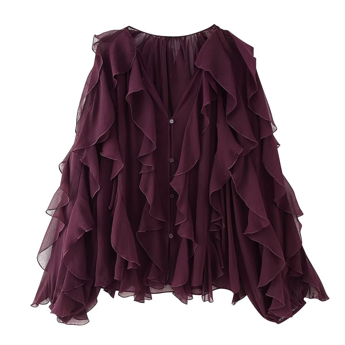 Women's Graceful Fashionable Laminated Decoration Long Sleeve Blouses