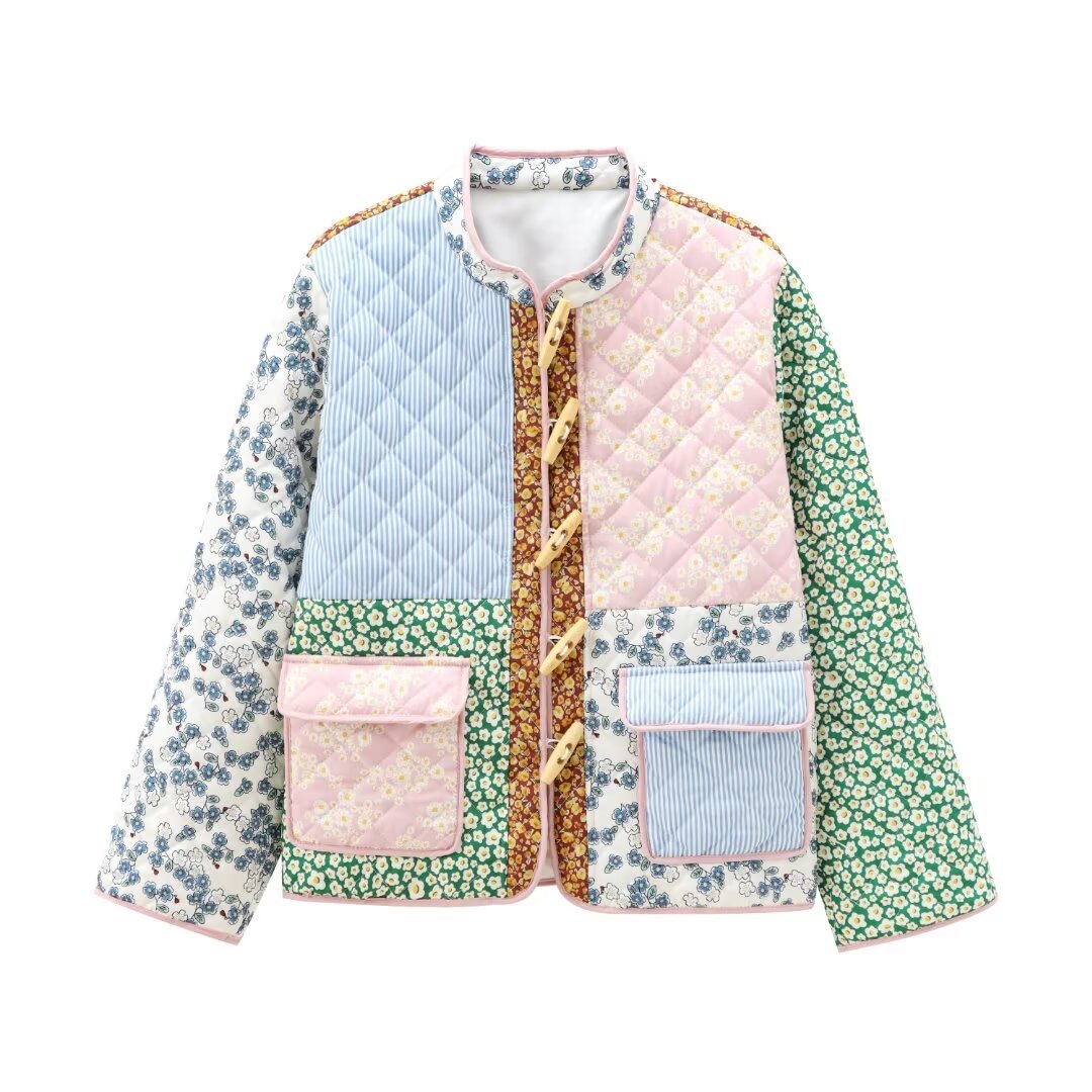 Women's Collar Printed Quilted Loose Casual Patchwork Coats