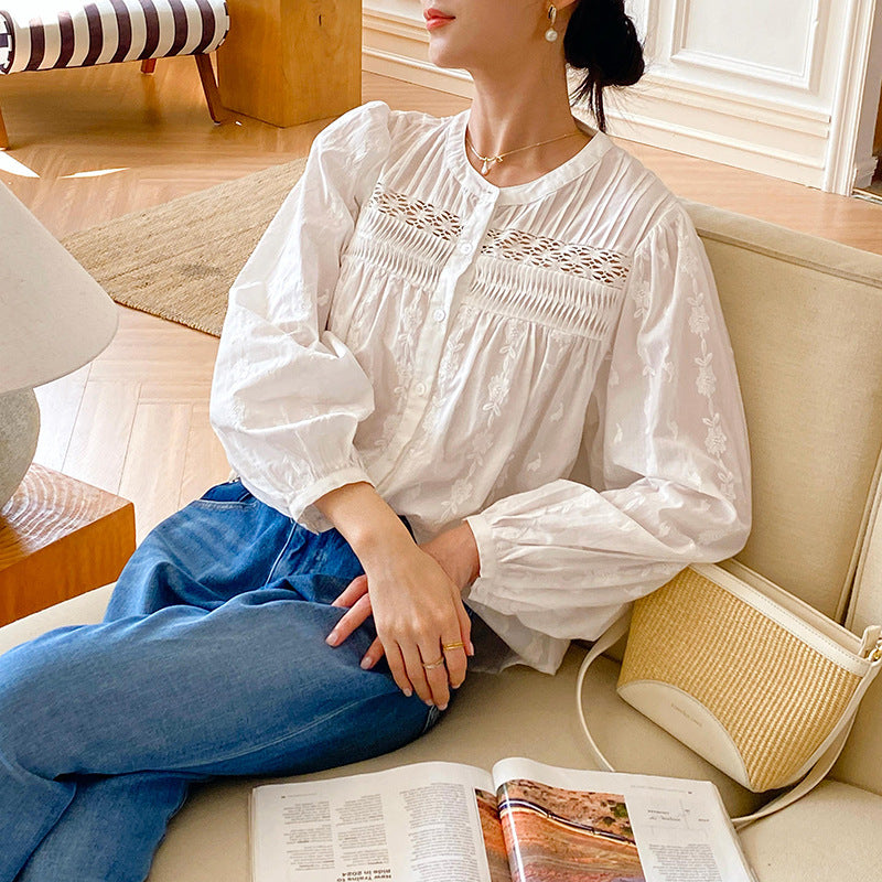 Women's Embroidery White Shirt Long Sleeve Stylish Blouses