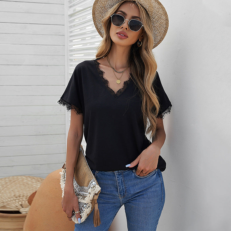 Women's T-shirt Sexy Lace Stitching Casual Short-sleeved Blouses