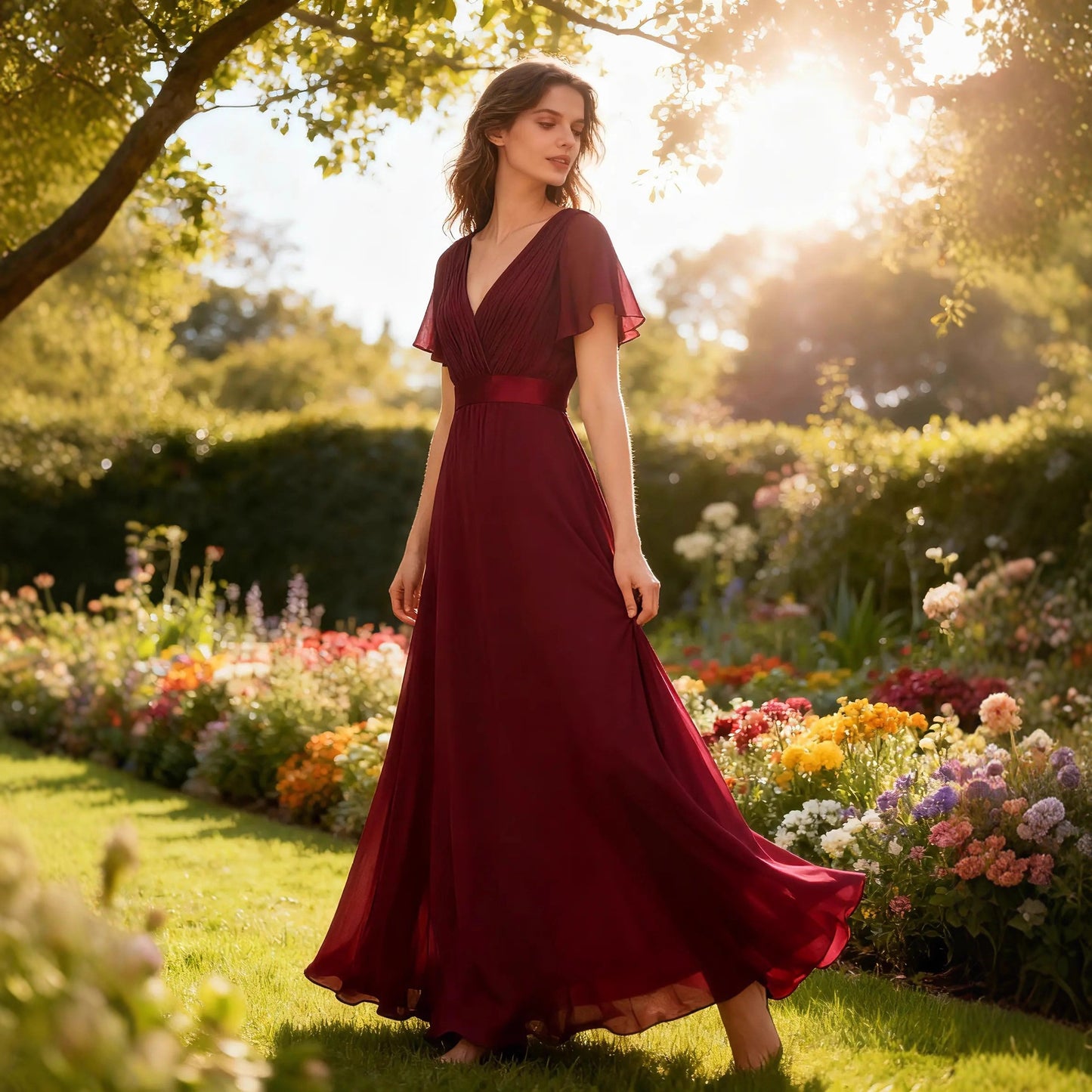 Women's Style Retro Bell Sleeve Waist Dress Chiffon Large For Dresses