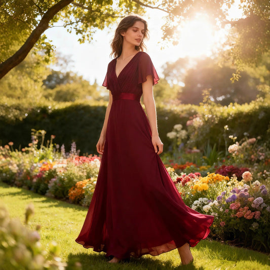 Women's Style Retro Bell Sleeve Waist Dress Chiffon Large For Dresses