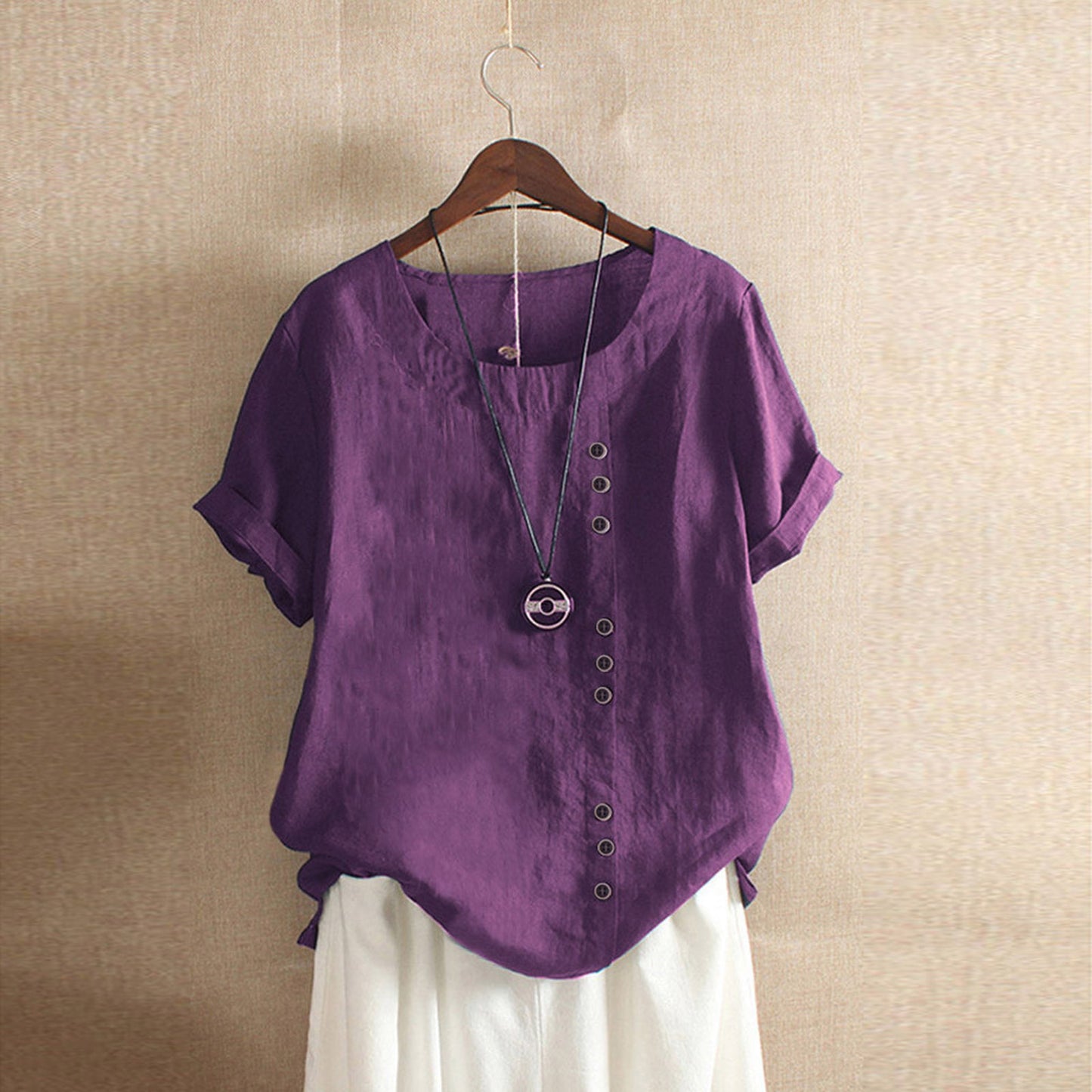 Women's Button Sleeve Casual Holiday Round Neck Regular Cotton Blouses