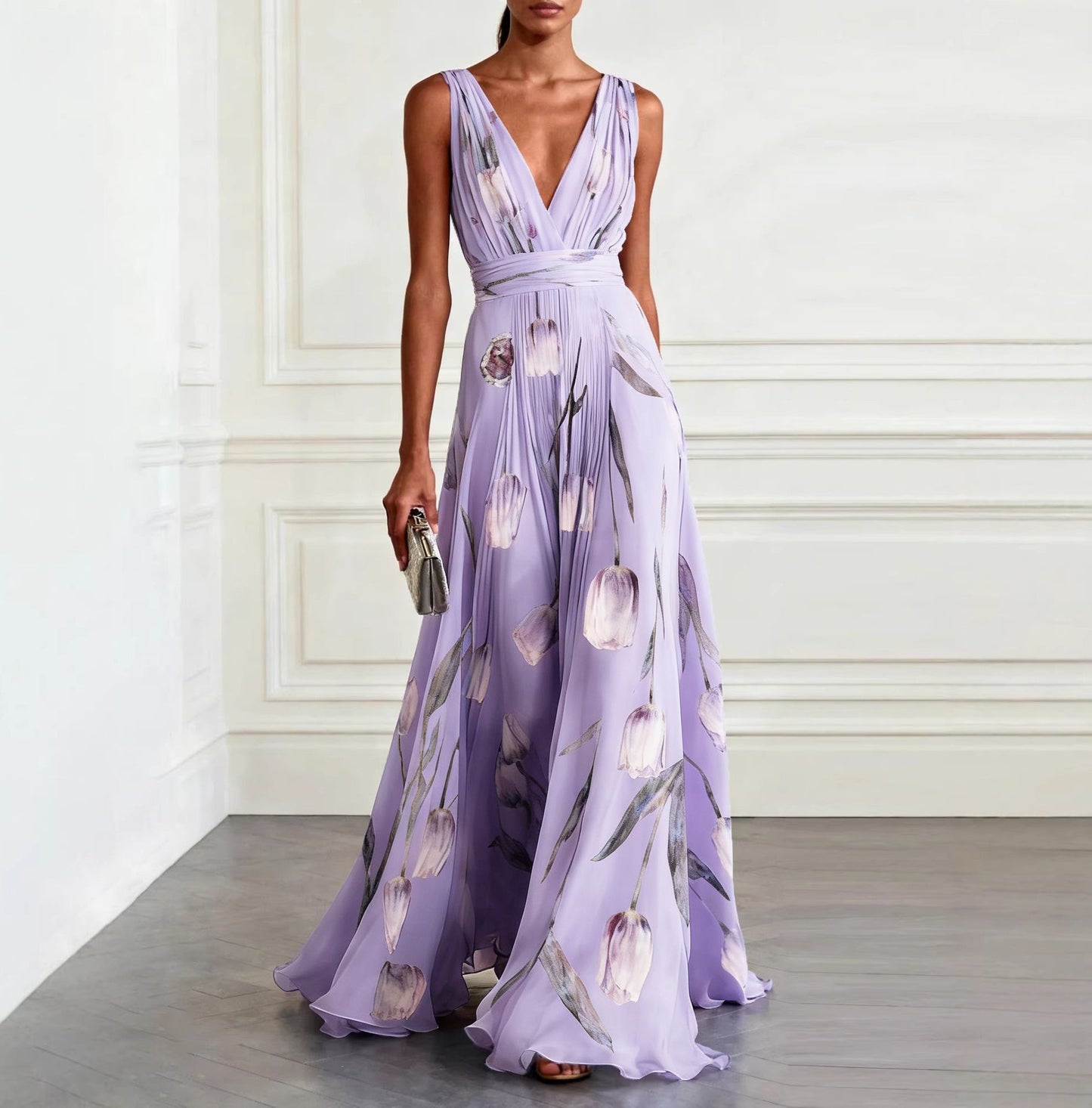 Women's Tulip Print Sleeveless Temperament Long Female Dress