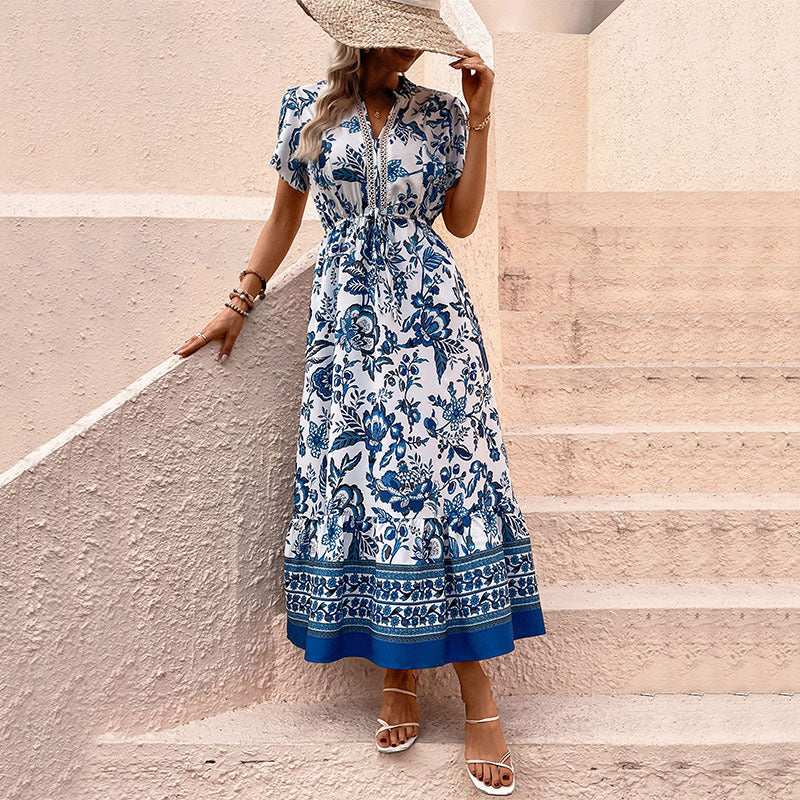 Holiday Casual Blue Retro Ethnic Print Dresses